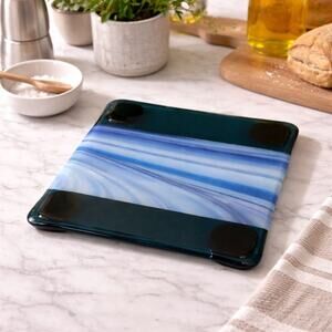 Handmade Fused Art Glass Trivet Blue Square Hot Plate w/ Feet